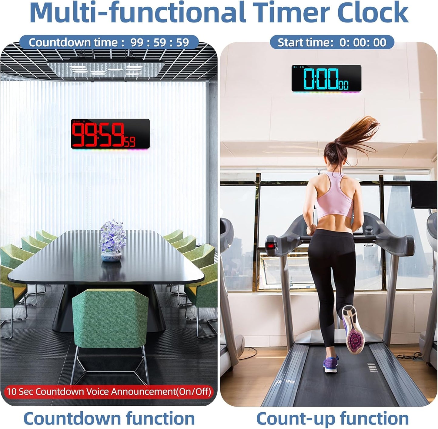 CYMHCHL Large Digital Wall Clock Large Display 11 Colors Available with Colorful Night Light Temperature Date Week DST Auto-Dimming Big LED Clock Count Up & Down Timer for Home Gym Office School