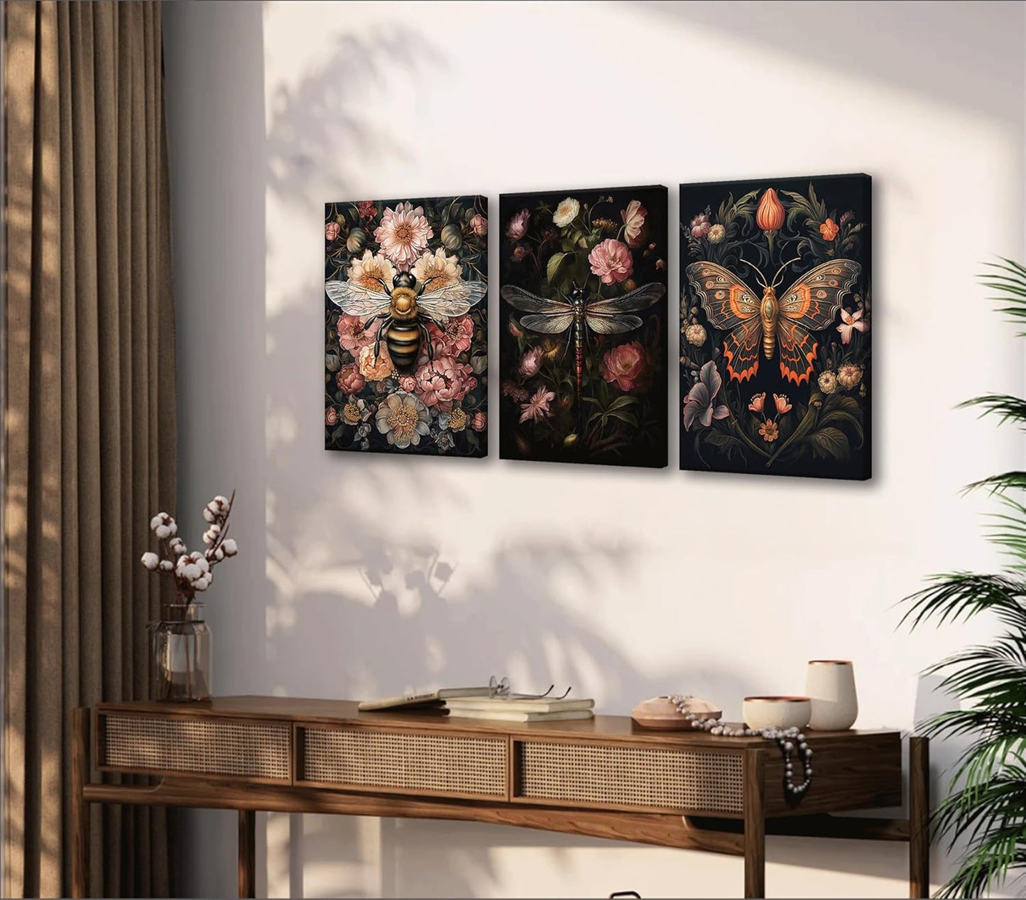 3pcs Dark Floral Canvas Wall Art Vintage Butterfly Dragonfly Bee Painting Picturts Wall Decor Gothic Dark Academia Aesthetic Posters Print Artwork for Bedroom Living Room Home Decoration 12x16in