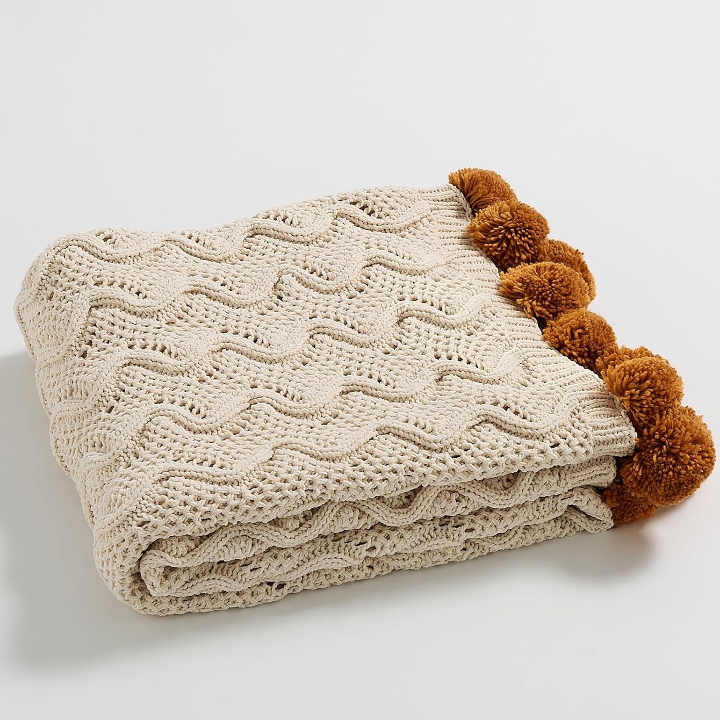 vctops Boho Chenille Knitted Throw Blanket for Couch Cute Pompom Soft Cozy Bed Blankets Decorative and Giftable Striped Blanket for Women, Men (Beige,51"x63")