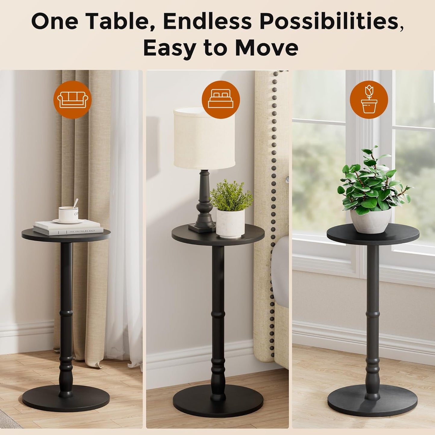 12" Round Side Table, Solid Wood Pillar with Wood Top & Base, Small Drink Accent Table for Living Room, Bedroom, Sofa & Office, Easy Assembly, Black