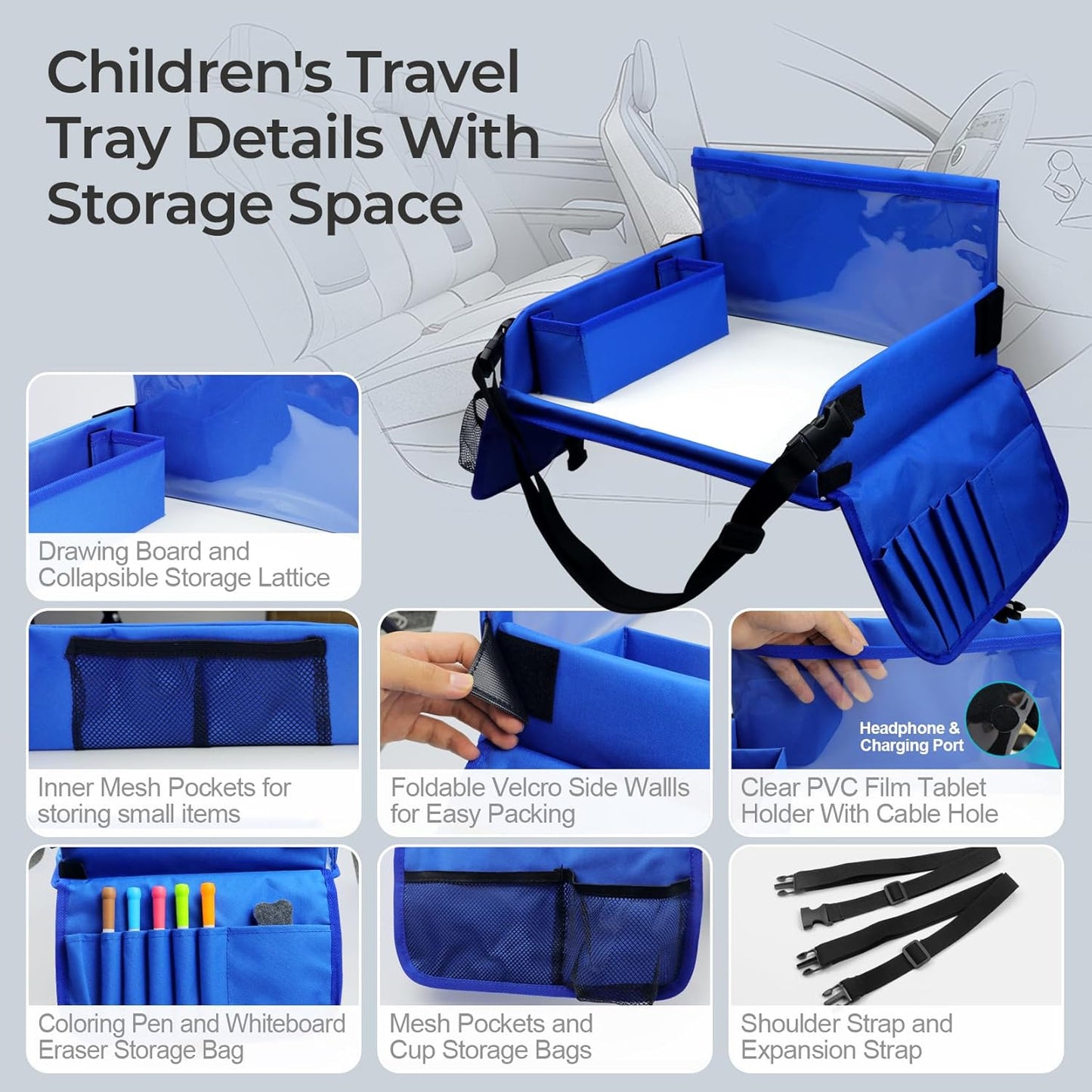 Travel Tray for Kids, Carseat Table Tray for Road Trip Activities, Toddler Lap Desk Organizer for Airplane - Blue
