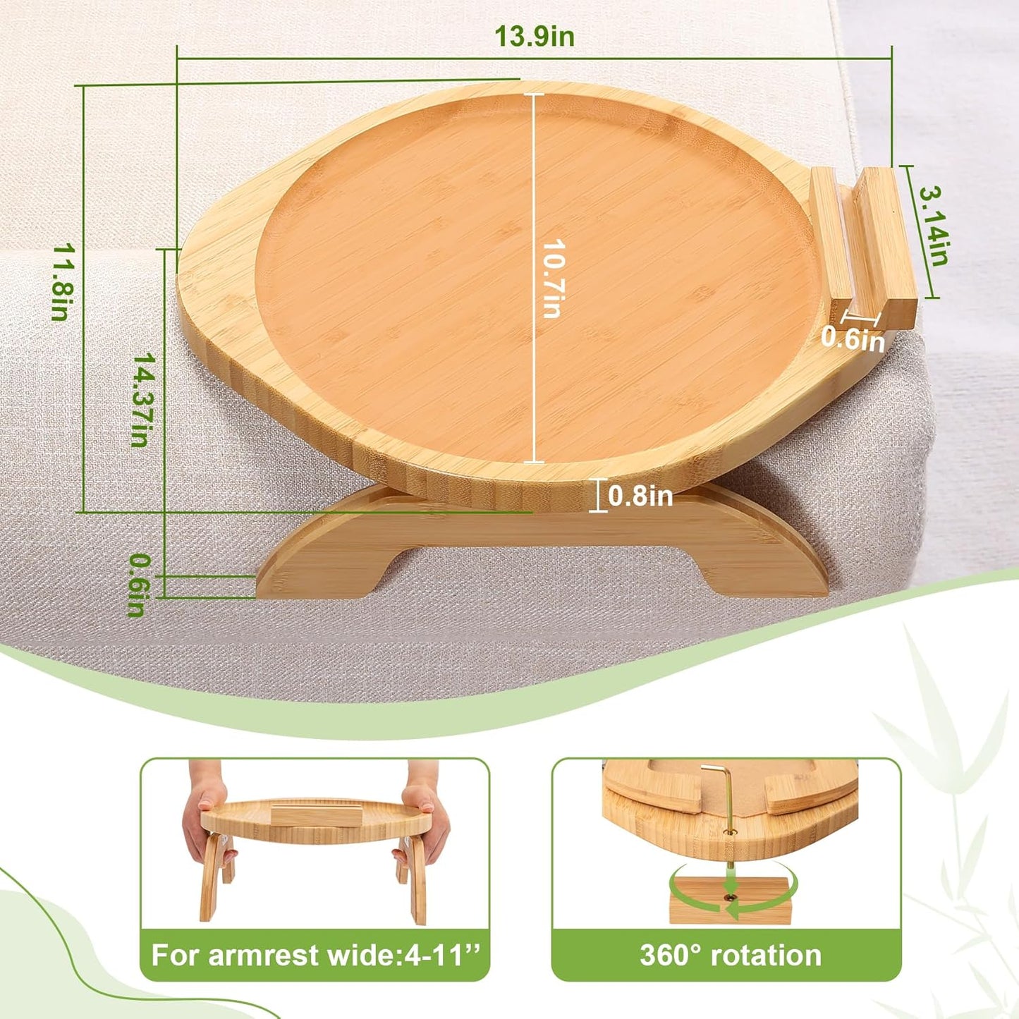 Couch Arm Tray Table, Bamboo Clip-on Couch Arm Tray with 360° Phone Holder, Foldable Sofa Armrest Table for Eating, Drink, Snacks, Coffee, TV, Remotes