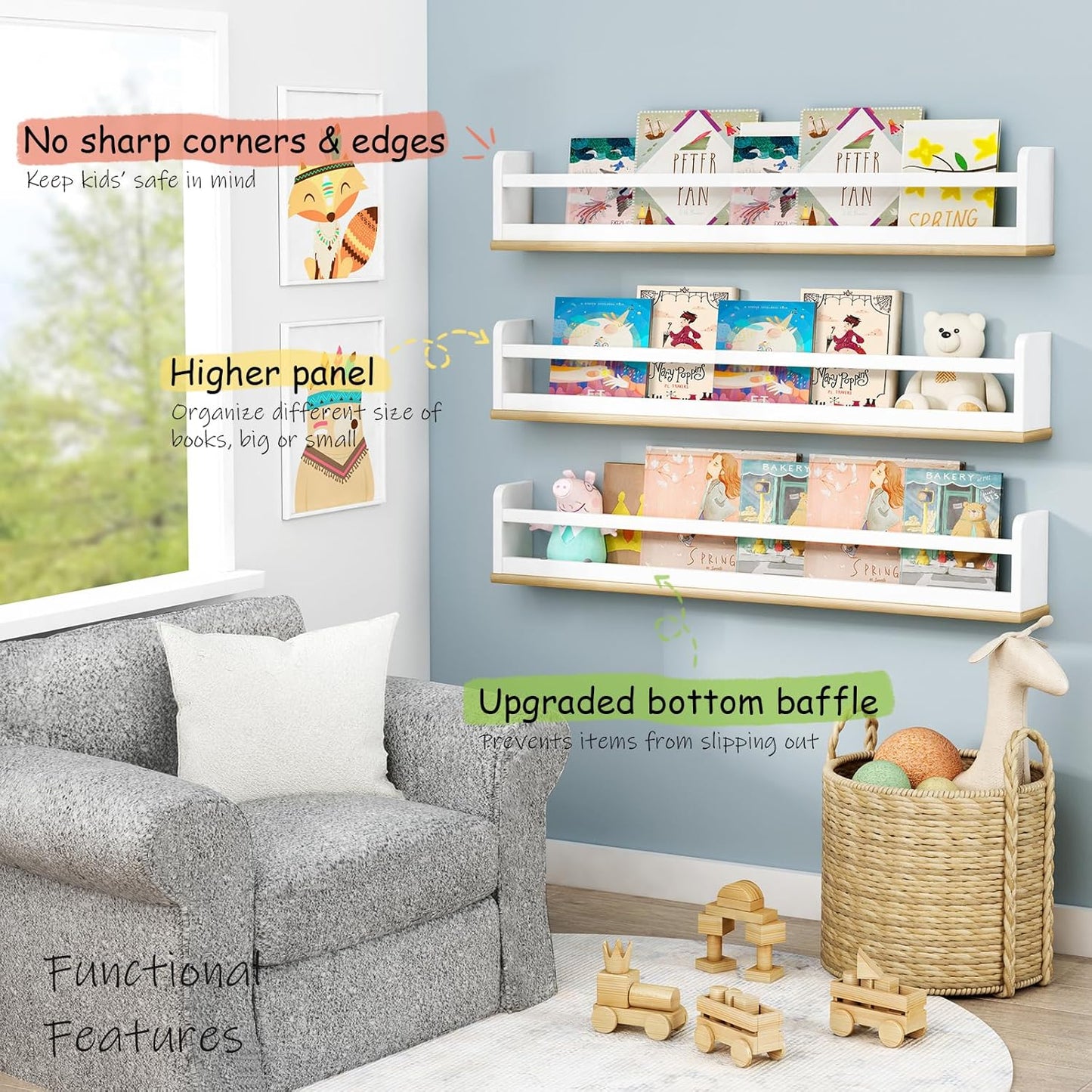 Kids Bookshelf Wall Mounted 36 Inch Long, White and Natural Wood Nursery Floating Bookshelves for Wall, Large Hanging Book Shelves for Baby Toddler Kid Childs Bedoom Playroom -Set of 3