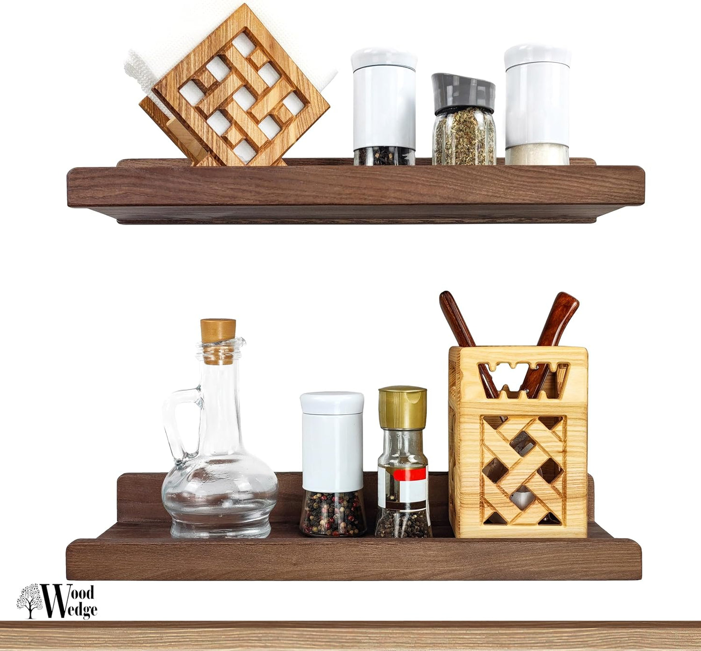 Floating Shelves for Wall 16 inch, Waterproof, Wall Storage Shelves with Lip, Display Picture Ledge Shelf for Photo Frame, Natural Wood Hanging Book Shelves (American Walnut, Set 2)