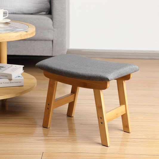 BAMBOO LAND- Bamboo Foot Stools Ottoman, Gray Cushion & Natural Wood Legs, Small Ottoman Foot Rest for Couch