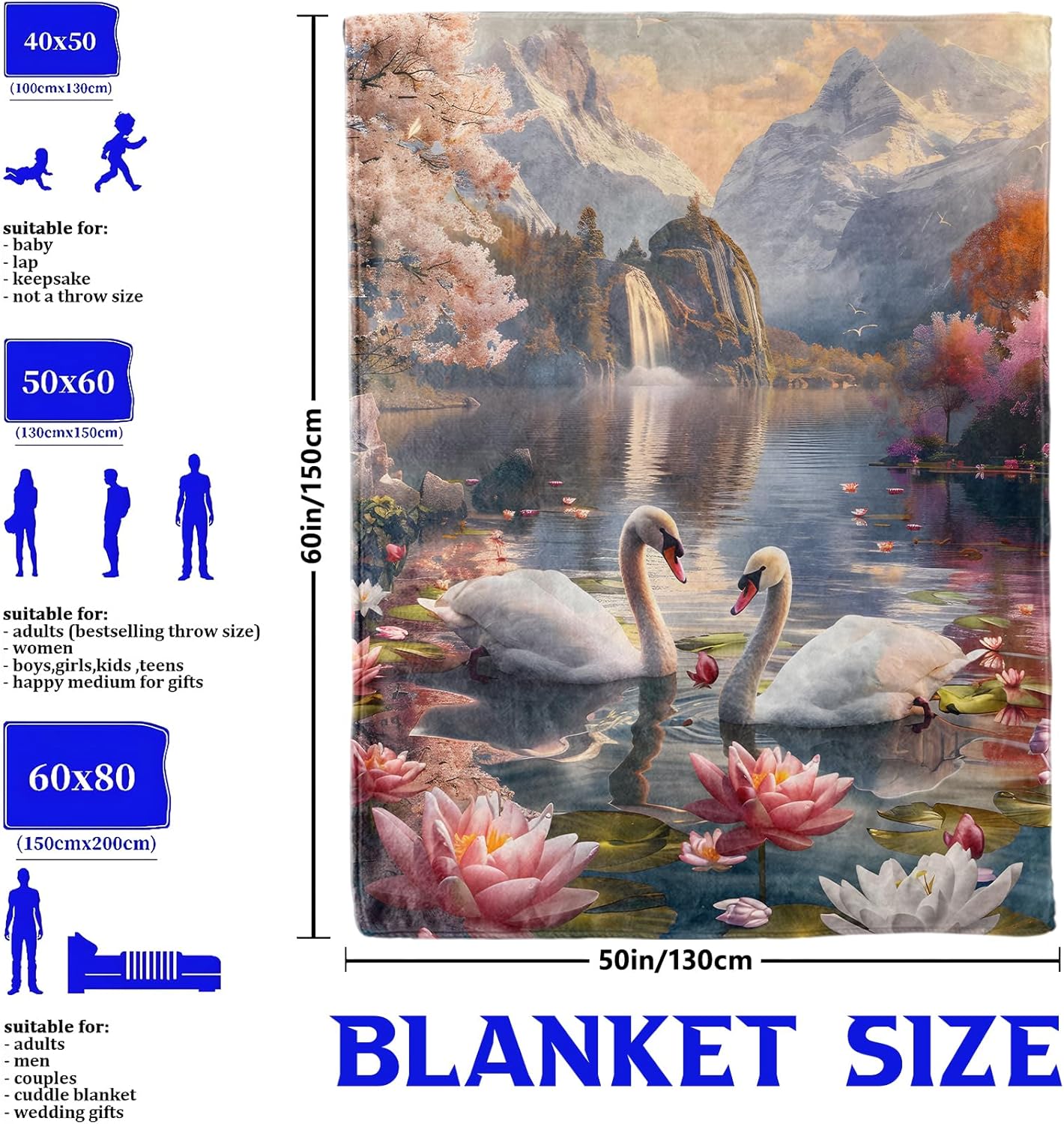Romantic Swan Lake Throw Blanket – Mountain and Floral Scenery, Cozy Warm Flannel Blankets, All Season Use, Girls Women Gifts, 50x60in, Sofa Office Dorm Travel RV Farmhouse Decoration