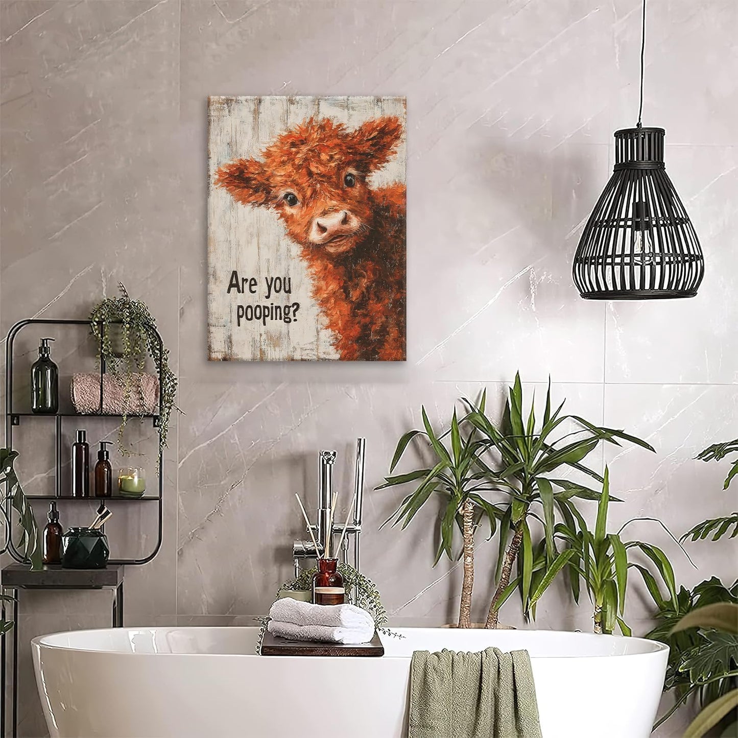 Funny Highland Cow Canvas Wall Art Are You Pooping Sign Poster Highland Cow Pictures Painting Modern Prints Framed Artwork for Toilet Bathroom Washroom Wall Decor 12"x16"