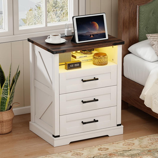 Baoz 3 Drawers Farmhouse Night Stand with 1 Open Shelf, 3 Colors Adjustable LED Light Bedside Table with Charging Station, Rustic Brown White End Table for Bedroom