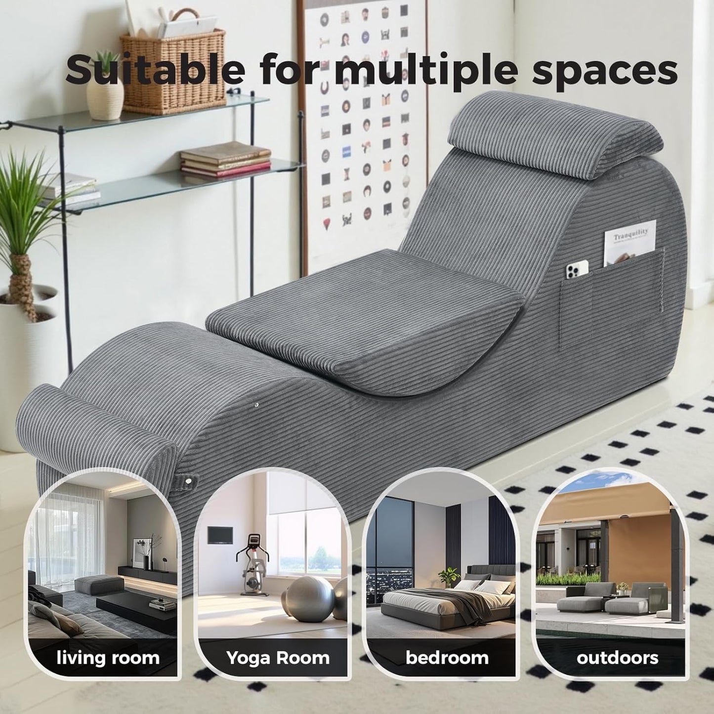 Yoga Chairs for Adults, Ergonomic Chaise Lounge Chair Indoor with Side Pocket, Lumbar Pillow, Ottoman, Yoga Chair Perfect for Stretching, Relaxation, Exercise, Used in Bedroom, Living Room（Dark Gray）