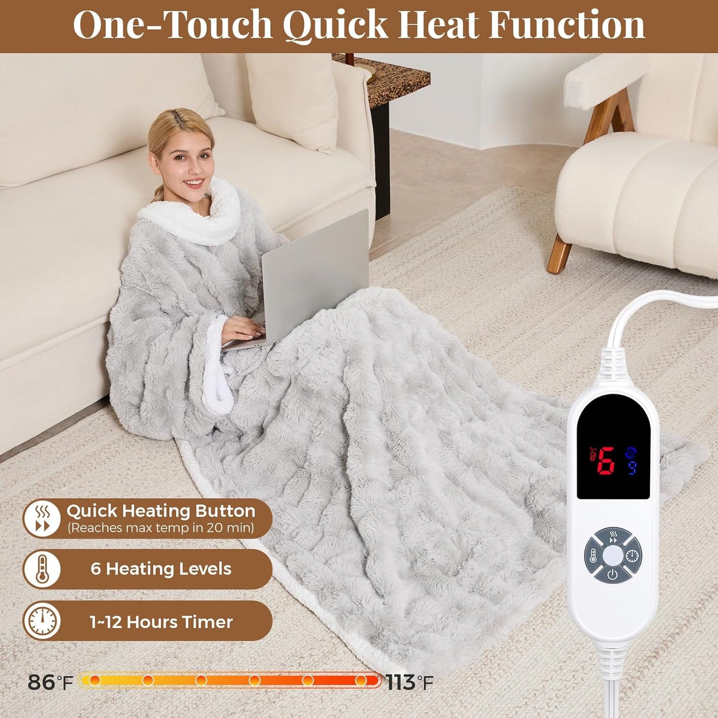 Wearable Heated Blanket, Luxury Faux Fur & Sherpa Electric Throw Blanket with Sleeves, Foot Pockets, Heated Robe for Women Men Gift, 3 Heat Levels & 12H Timer, ETL & FCC Certified, 52"x 72" Light Grey