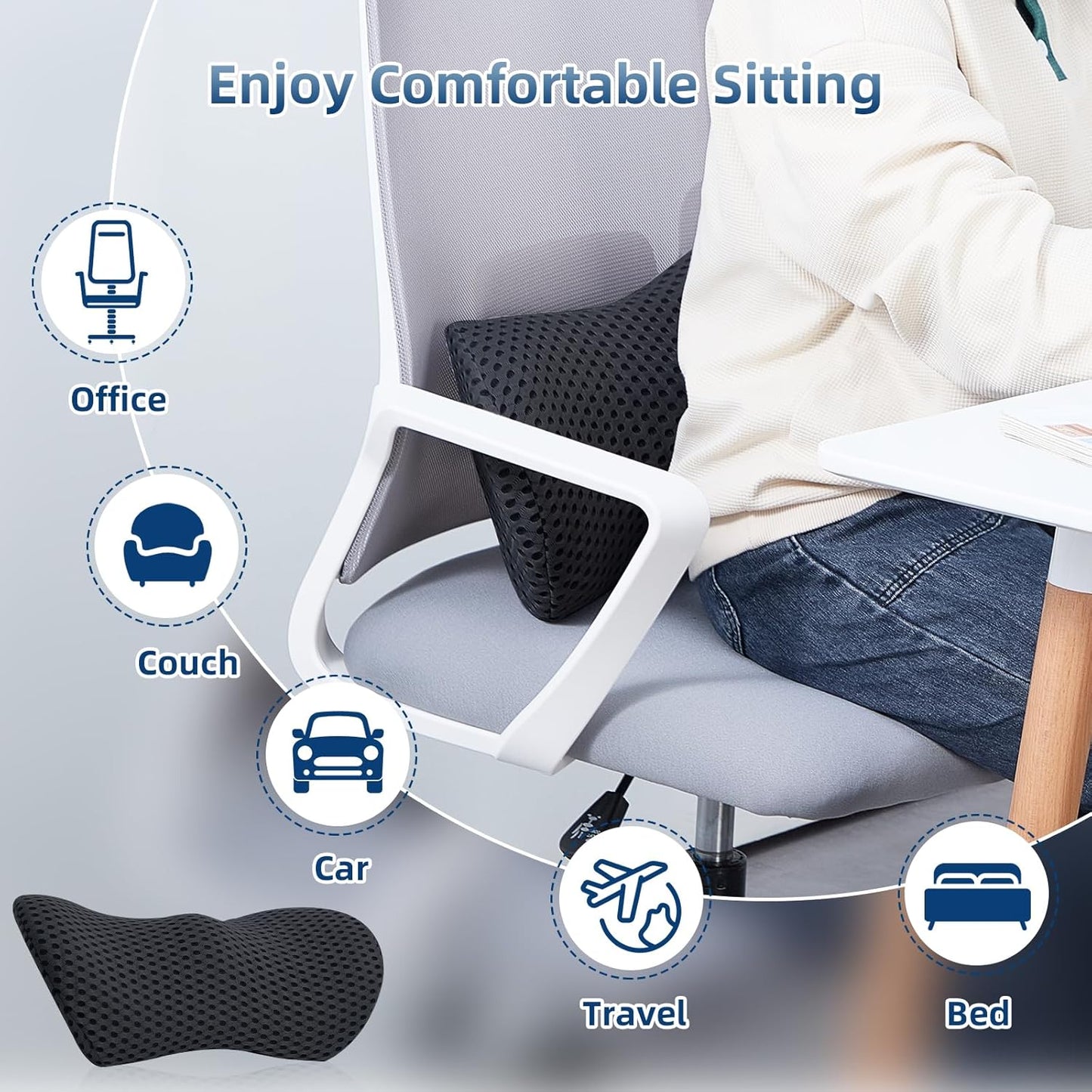 Lumbar Pillow, 2 Pack Memory Foam Lumbar Support Pillow for Office Chair and Car Seat, Ergonomic Streamline Back Pillow for Lower Back Pain Relief, Back Support Pillow for Sitting, Driving, Traveling