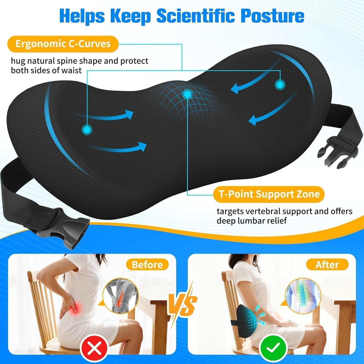 Lumbar Support Pillow for Office Chair - Memory Foam Lumbar Pillow with Detachable Strap & Breathable Cover, Ergonomic Back Support for Office Chair, Car, Bed Rest (Black)