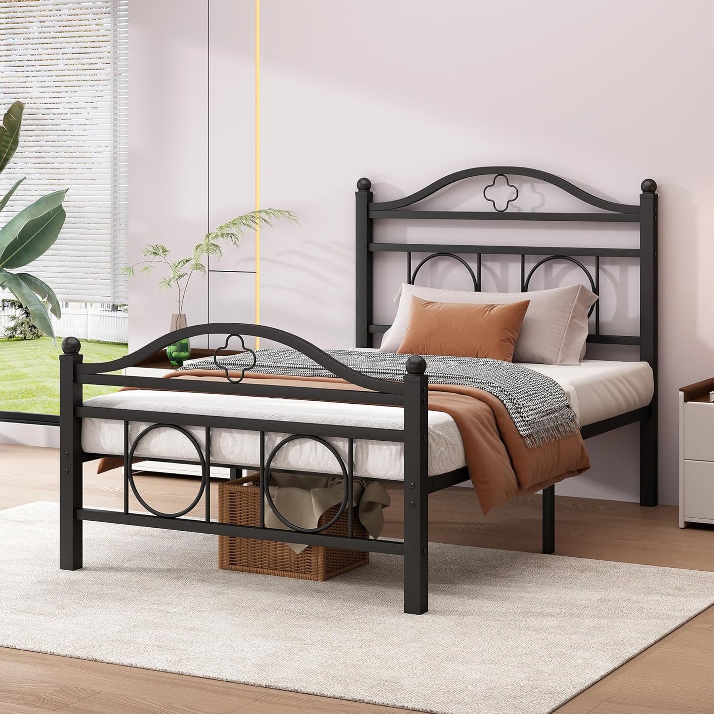 Twin Bed Frame with Headboard,Heavy Duty Steel Slats Support Mattress Foundation-Under Bed Storage, No Box Spring Needed, Noise Free