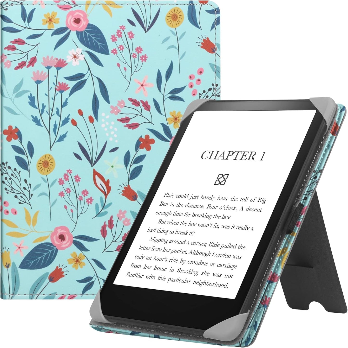 Universal Case for 6" eReaders, Folio Leather Stand Cover with Handstrap Compatible with All 6 inch Paperwhite/Kobo/Tolino/Pocketook E-Book Reader-Spring Bloom