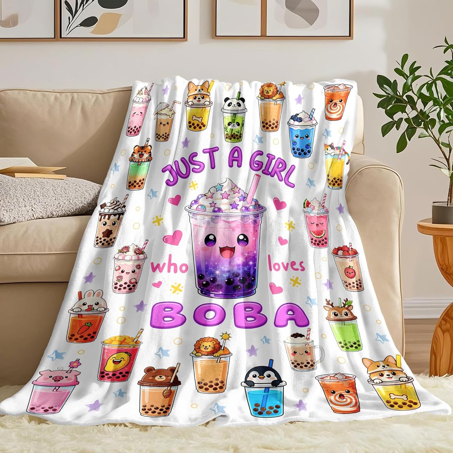 Bubble Tea Blanket Soft Plush Flannel Kawaii Bubble Boba Tea Throw Blanket Just A Girl Who Loves Boba Gifts for Birthday Home Decor Women Kids Adults 50"x40"