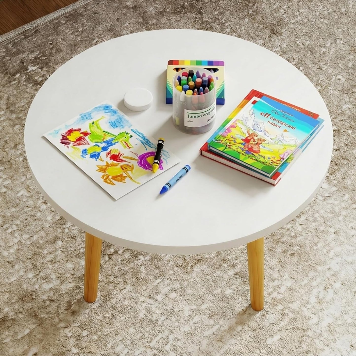 Round Coffee Table Low Table with 3 Solid Wood Sturdy Legs,Floor Table Desk for Sitting on The Floor,23.6"D x 23.6"W x 16"H Inches,Living Room/Toy room Furniture,Rental house Furniture (White)