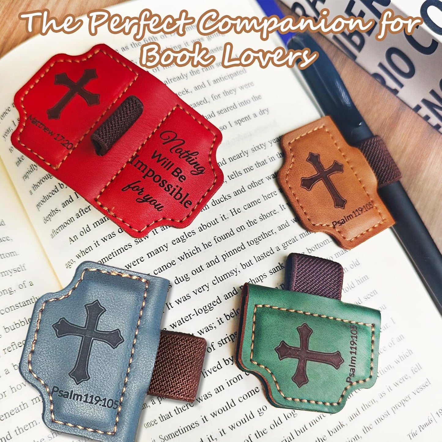 Bygone Mark Personalized Magnetic Leather Bookmark with Pen Holder,Inspirational Bible Verse Religious Bookmarks,Christian Book Lovers Reading Accessory for Men Women (Blue, Matthew 17:20)