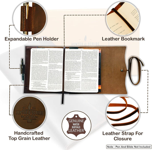 Hunter & Scribe Leather Book or Bible Cover for Men and Women - Handcrafted Genuine Top Grain Buffalo Leather - Christian Gifts - Large Bible Cover - Large Book Cover