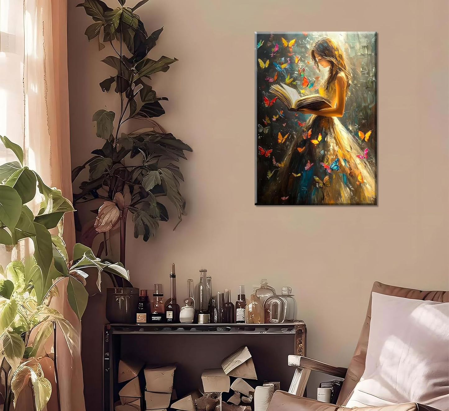 Reading Girl Canvas Wall Art Colorful Butterfly and Victorian Girls Wall DecorGirls Room Poster Print Vintage Book Artwork Painting Pictures for Reading Room Living Room Bedroom Ready to Hang