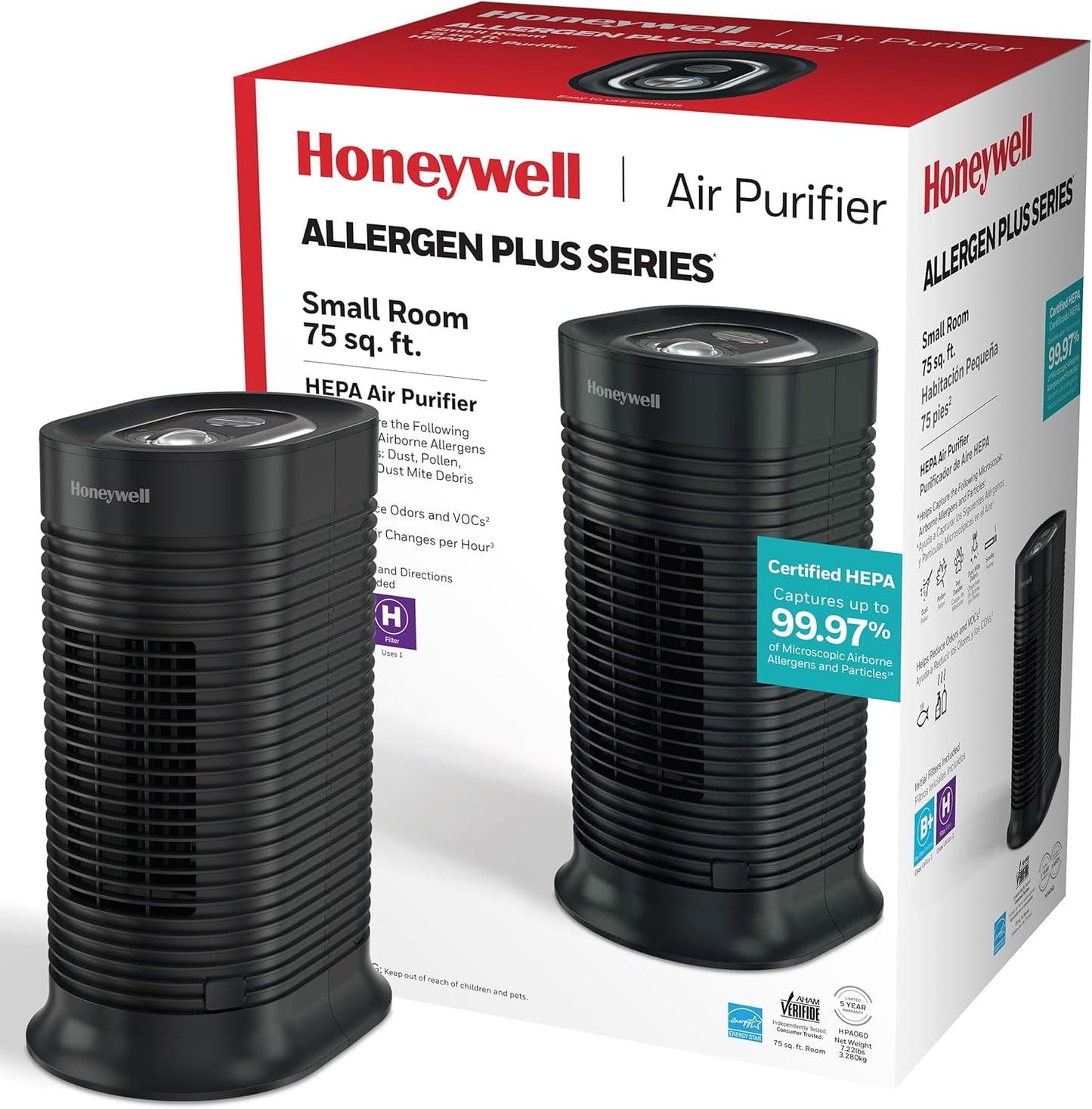 Honeywell HPA060 HEPA Tower Air Purifier, Airborne Allergen Reducer for Small Rooms (75 sq ft), Black - Wildlfire/Smoke, Pollen, Pet Dander, and Dust Air Purifier