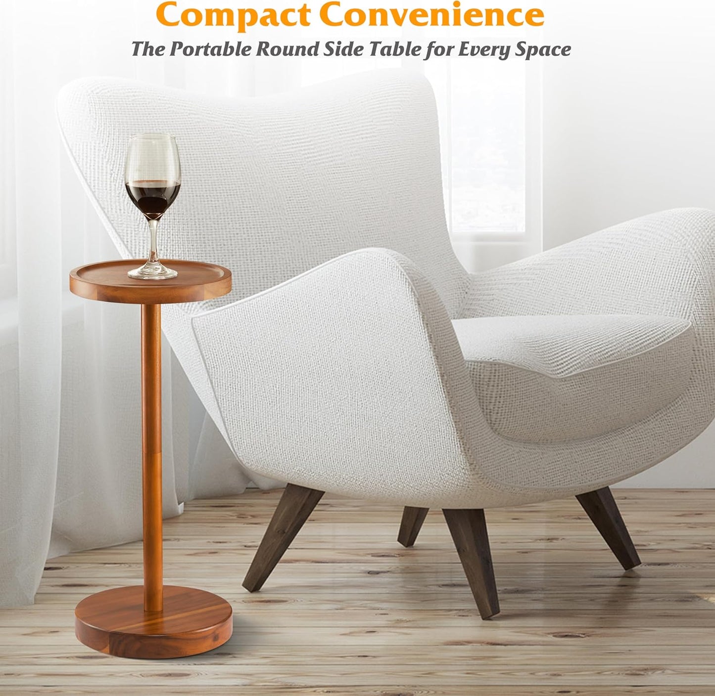 BLUEWEST Drink Table, 22" Tall Compact Side Table with Phone Slot and Weighted Base, Durable Pedestal Table Accent for Living Room, Bedroom, or Office, Cocktail and Martin (1, Acacia)