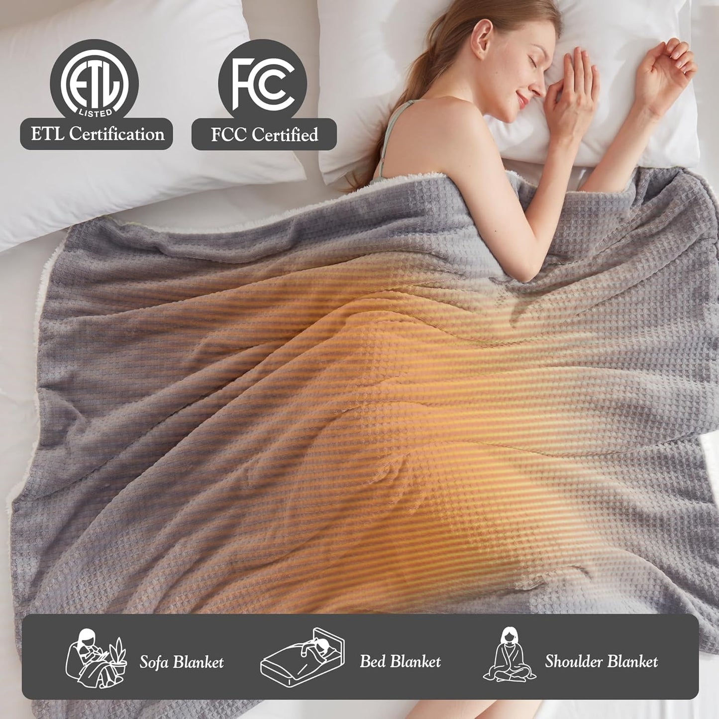 Heated Blanket Waffle Throw Size Fast Warming Heating Electric Throw Blanket with 6 Heat Settings & 4 Hours Auto-Off, Ideal Gift for Her, 50"x60",Grey