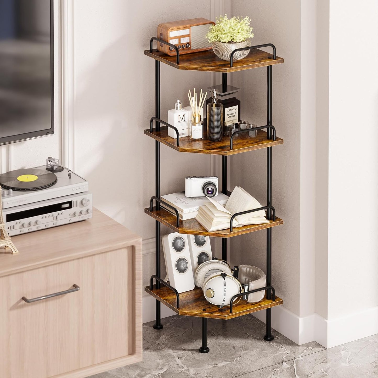 Weehom Small Corner Shelf - Multipurpose Corner Shelving Unit and Storage, 4 Tier Shelf Stand for Small Spaces, Display Shelves for Living Room, Bedroom, Kitchen, Bathroom - Rustic Brown