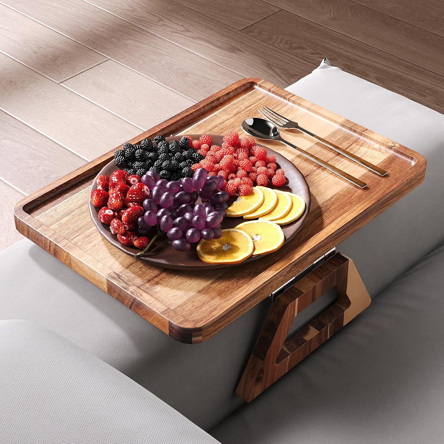 Acacia Wood Couch Arm Tray,Folding Sofa Armrest Tray,Couch Arm Table Clip-On Couch Desk for Drinks, Snacks,Phone,Remote Control