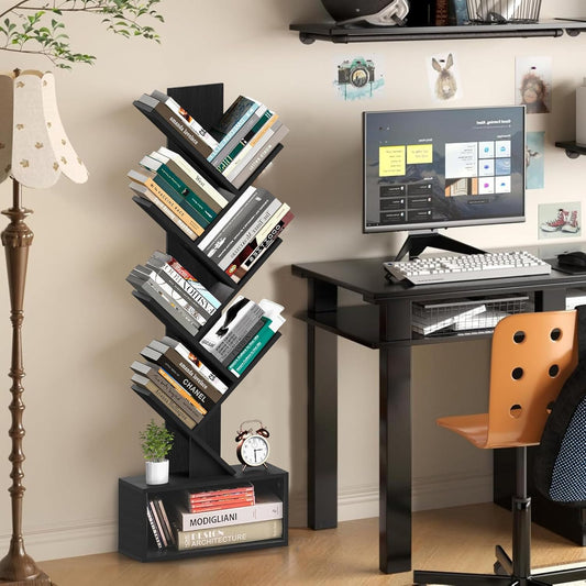 6 Tier Tree Bookshelf, Tall Narrow Wooden Bookcase with Drawer and Storage Cabinet, Freestanding Small Book Shelf Organizer for Bedroom, Living Room, Home Office, Black Display Shelf