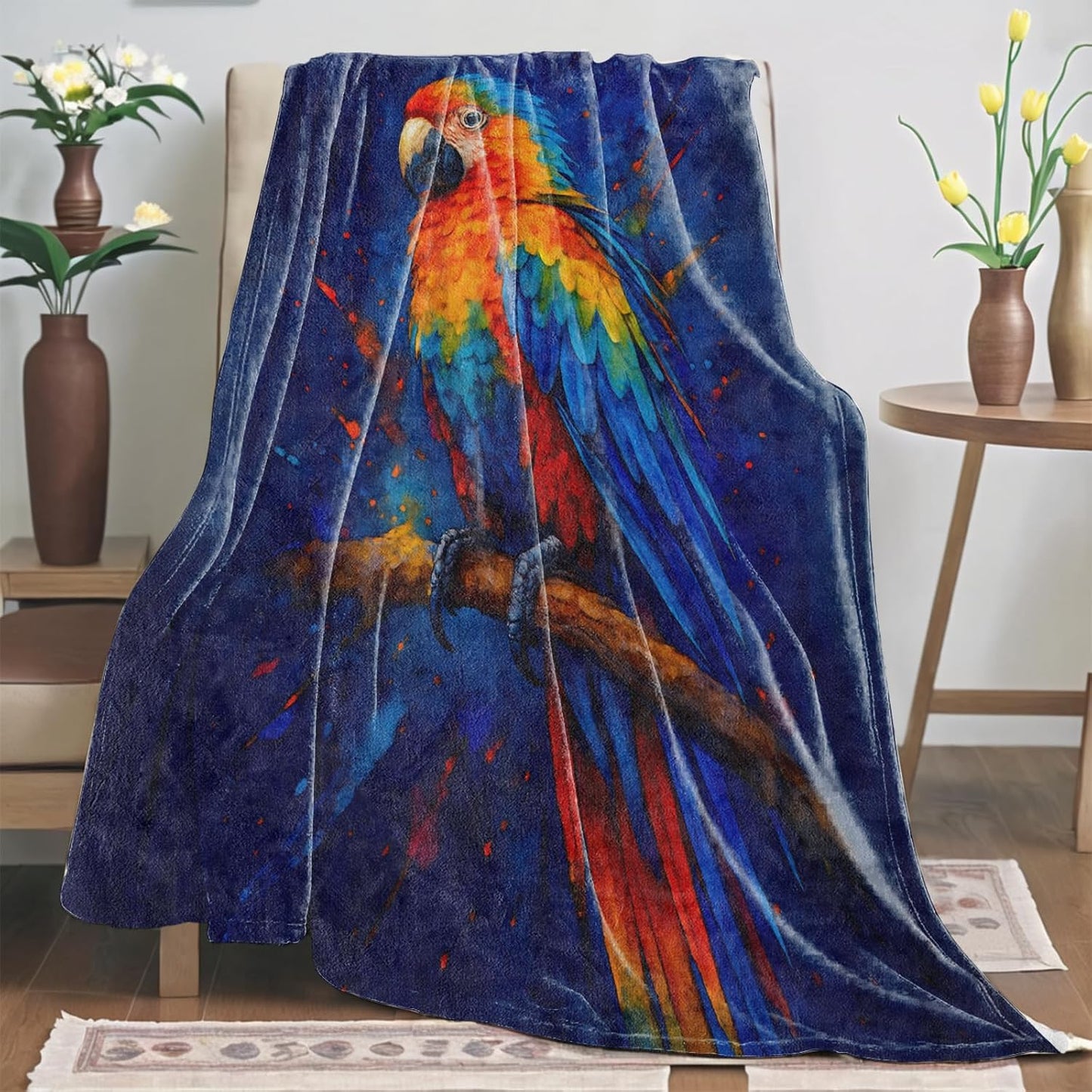 Colorful Parrot Gifts, Macaw Bird Watercolor Blanket for Girls Kids Women, Cozy Warm Flannel Throw Blankets for Bedroom, Travel, Couch, Home Decor, 50x60 in