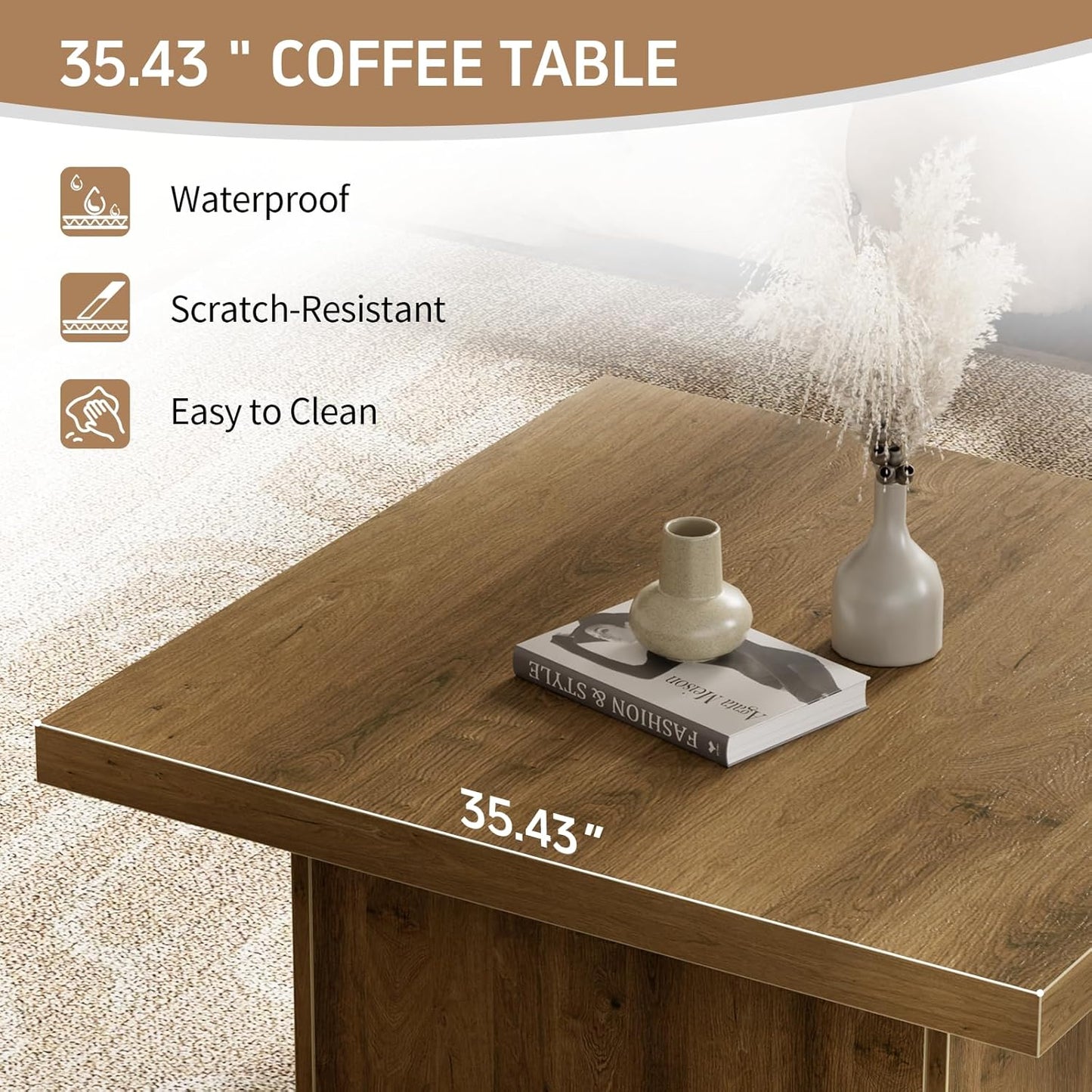 Square Coffee Table,Wooden Living Room Table,Center Table with a Large Tabletop,35.4" x 35.4",for Small Spaces, Apartments, Living Rooms, Vintage Brown