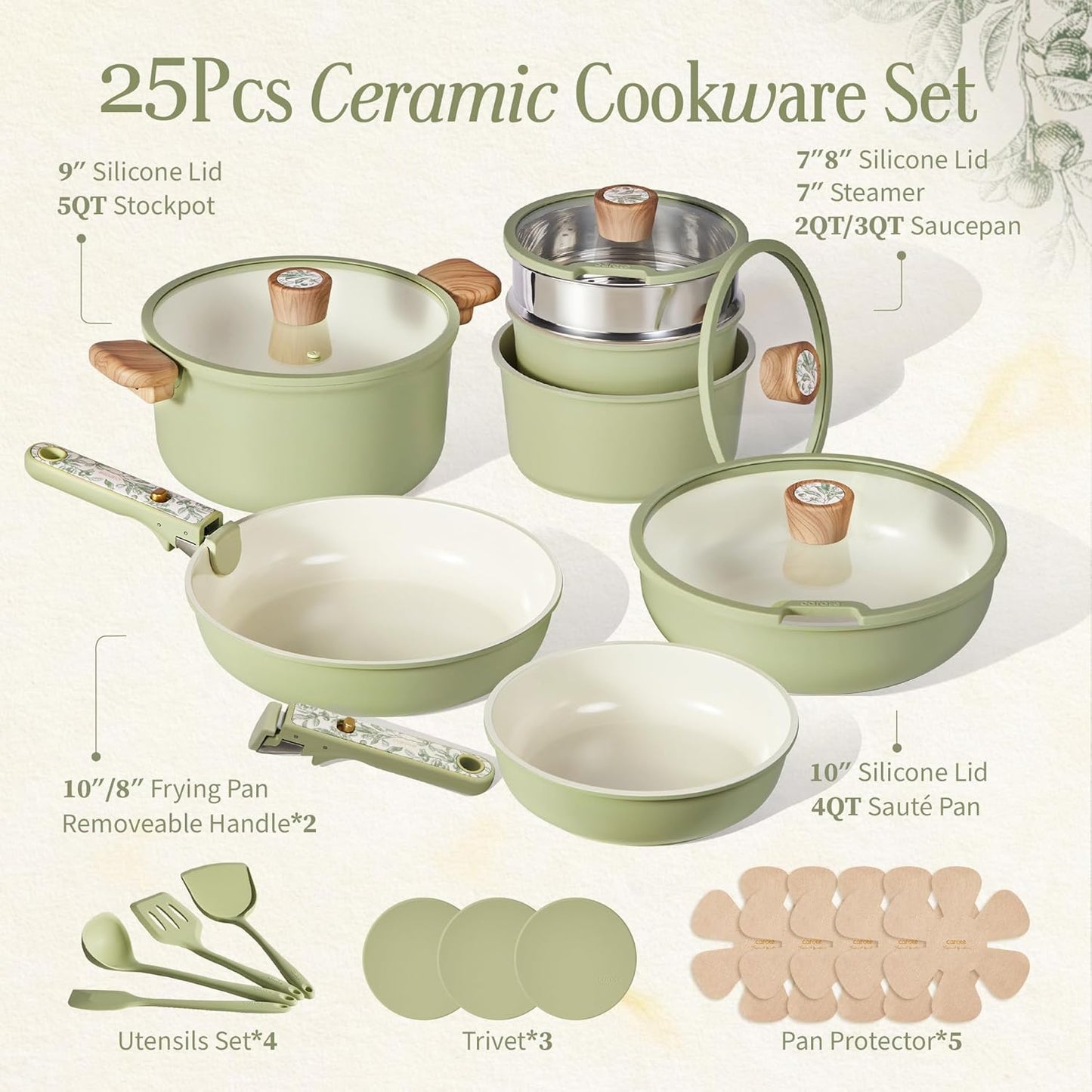 CAROTE 25-Piece Ceramic Cookware Set, Nonstick Pots and Pans Set with Detachable Handle, Non-Toxic Kitchen Cooking Set, Dishwasher & Oven Safe, Induction Compatible, PFAS Free, Green