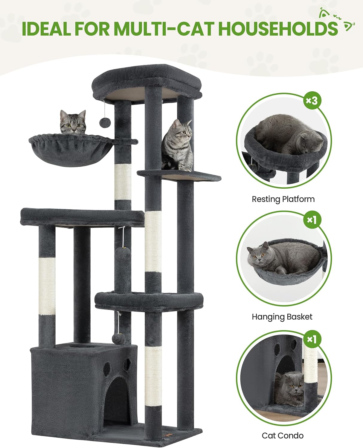 Multi-Level Cat Tree Tower for Indoor Cats, 67 inch Tall XL Heavy Duty Climbing Tower with 3 Large Platform, Scratching Post, Hammock, Kitty Condo for Multiple Cats, Extra Large Cat Trees, Dark Grey