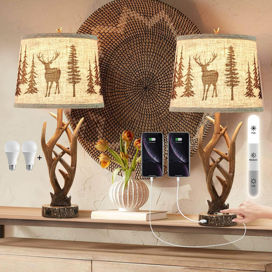 Dungoo 26" Touch Control Antler Table Lamps Set of 2, 3-Way Dimmable Rustic Lamp with 2 USB Ports, Natural Antler Lamp with Deer Forest Lampshade Farmhouse Lamps for Living Room Foyer