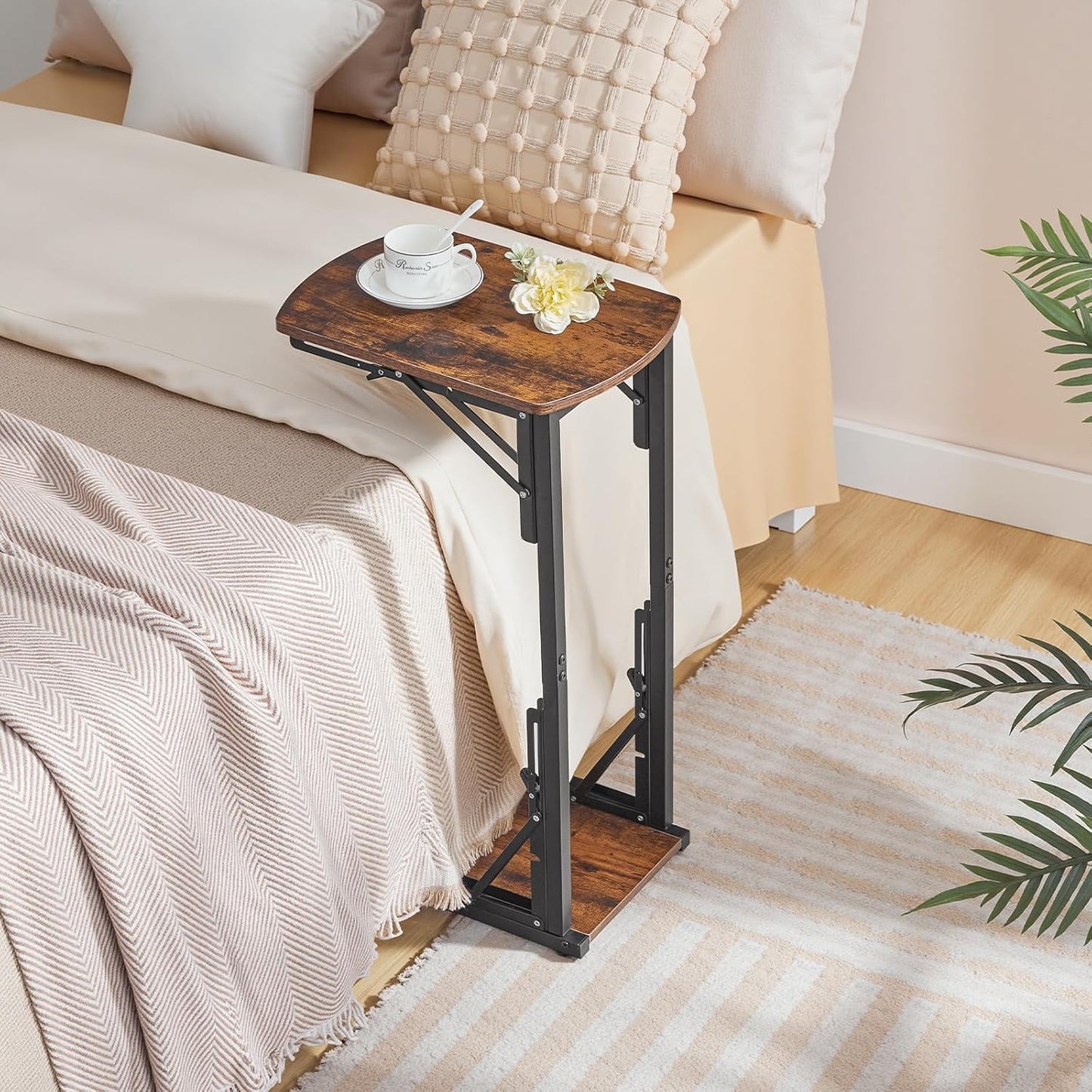 Set of 2 Folding Samll Side Table, C-Shaped End Table for Couch, Slide Under Couch Side Table for Sofa Bed, Folding End Table for Small Spaces, Living Room, Bedroom, Rustic Brown ETHR4101S2