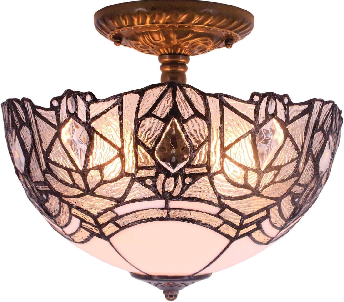 WERFACTORY Tiffany Ceiling Light Fixture Crystal Bead White Stained Glass Semi Flush Mount Lamp Wide 12 Inch, Height 11 Inch S508W Series