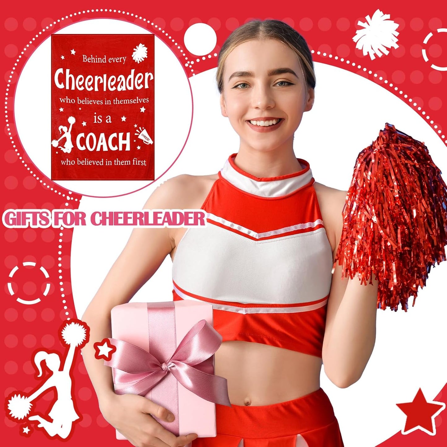 Cheer Coach Gift for Women 40‘' x 50‘' Cheerleader Blanket Cheerleading Appreciation Gift Cheer Blanket for Birthday Graduation Retirement Sports Party(Red)