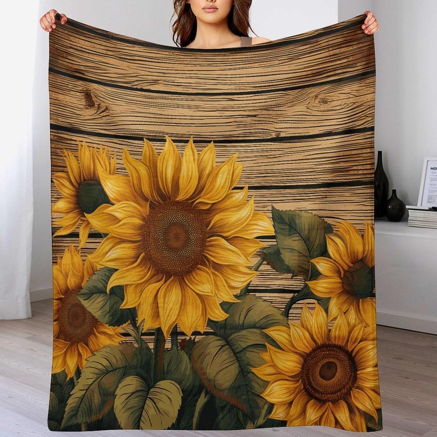 Paint Wooden Board Sunflower Throw Blanket for Couch Super Soft Warm Lightweight Throw Blankets Cozy Flannel Bed Blanket Cute Decorative Blankets for All Seasons Home Decor Gift 40"*50" （100 * 130cm）