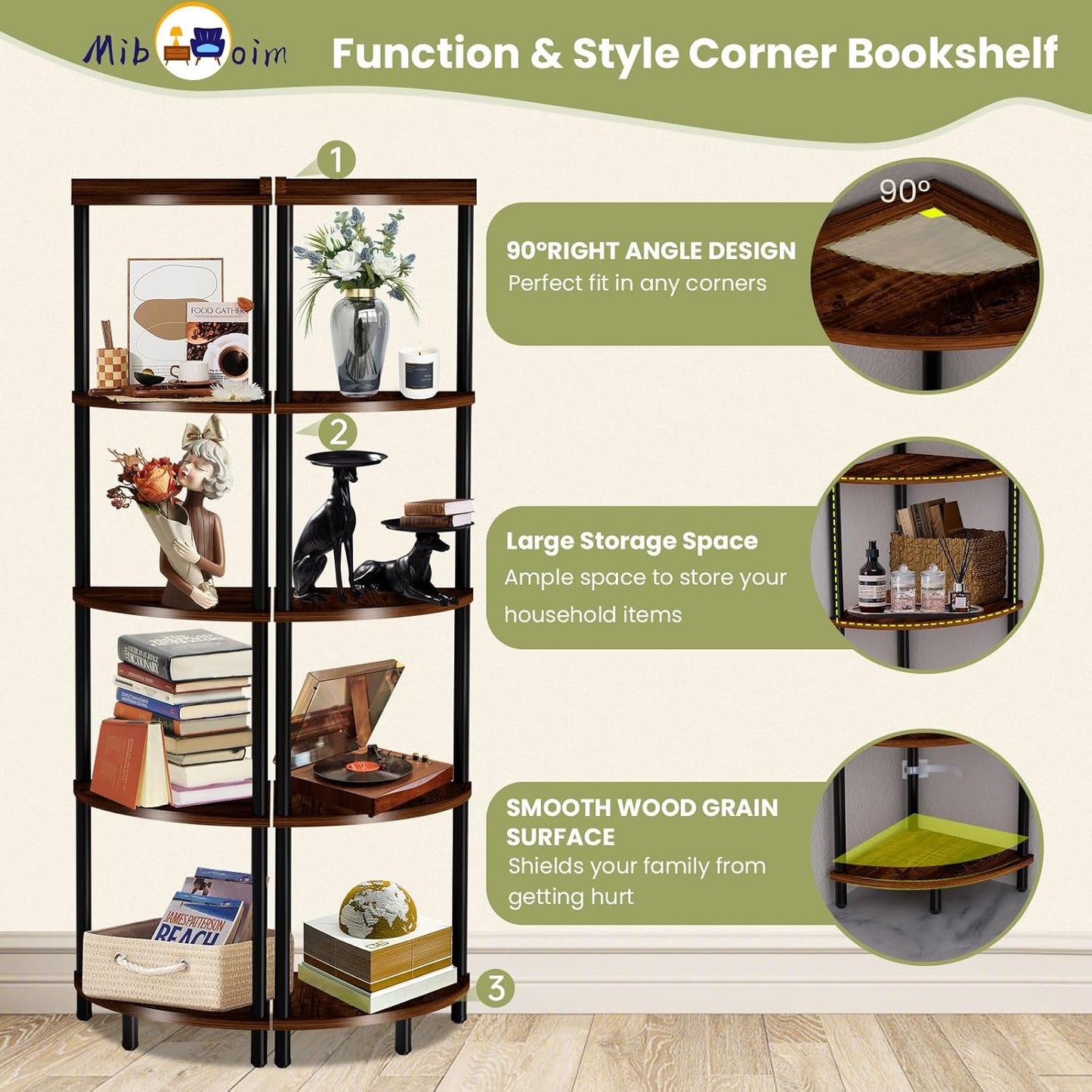 5Tier Wood Corner Shelf Stand:Tall Corner Bookshelf Storage Organizer for Living Room/Bedroom/Bathroom/Kitchen/Home Office,Display Corner Shelves for Small Space,Rustic Brown Esquineros de Sala