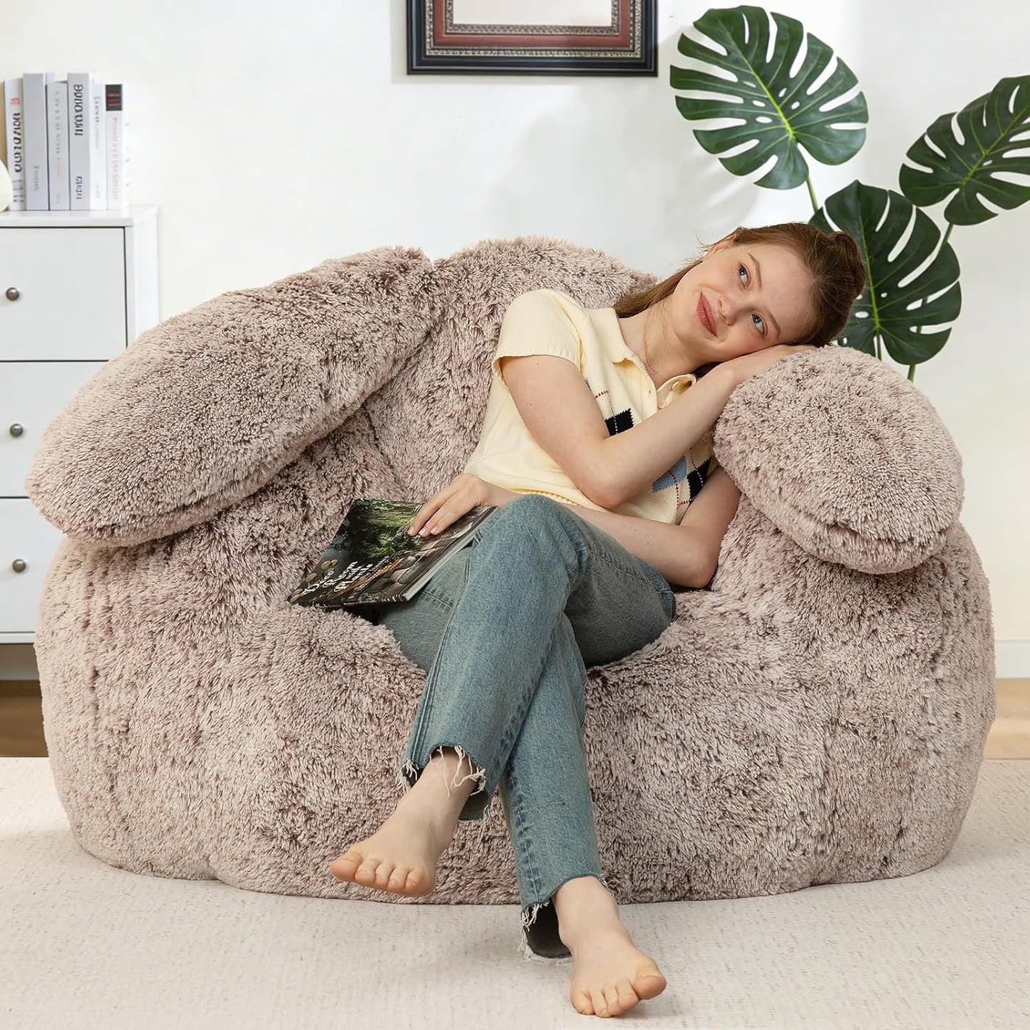 Bean Bag Chair for Adults Kids Giant Fluffy Plush Bean Bag Sofa with Filler Faux Fur Rabbit Shaped Beanbag Chairs Comfy Accent Floor Couch for Gaming, Reading in Bedroom, Living Room, Dorm