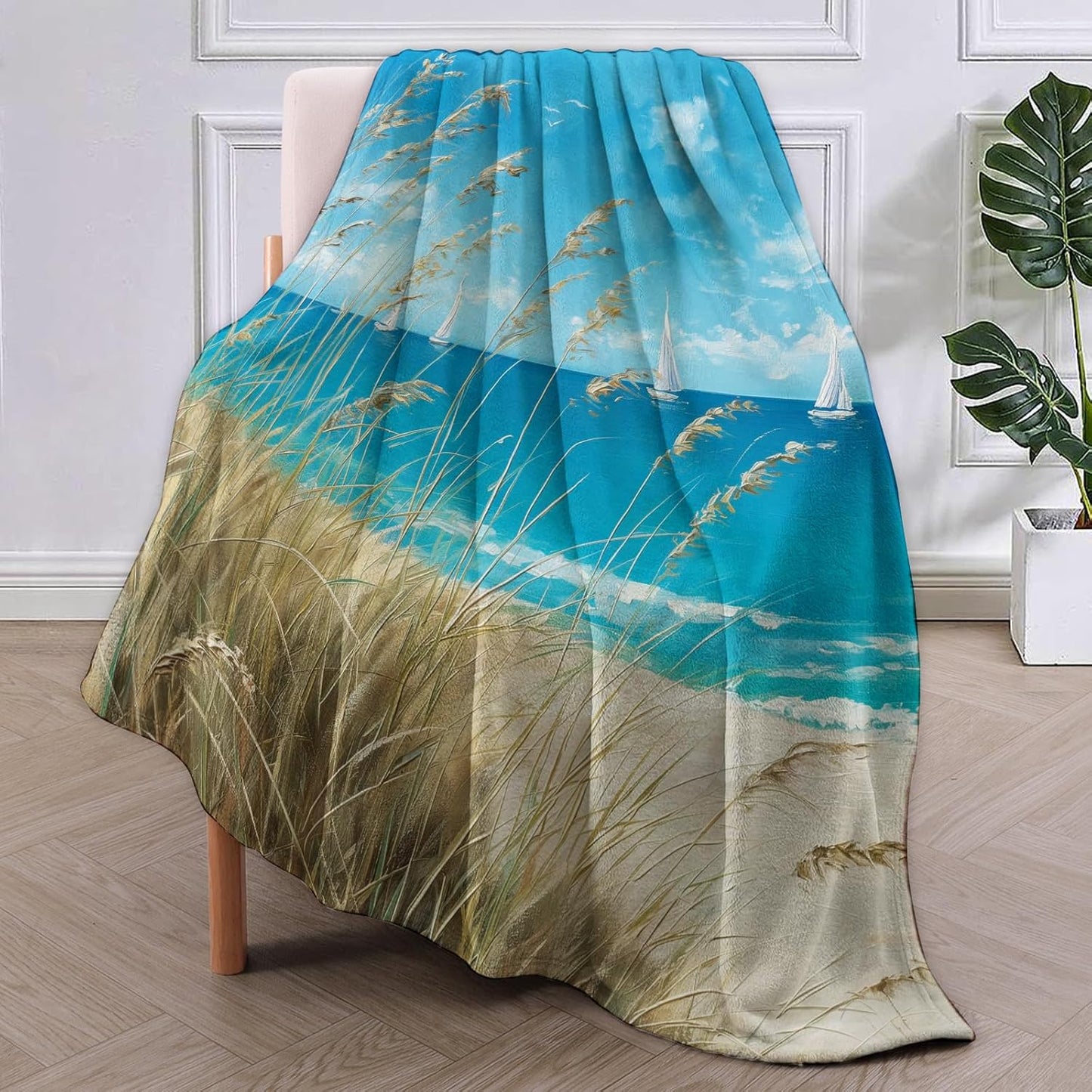 Beach Sea Blanket Gifts for Women Adults Soft Warm Lightweight Cozy Seaside Coastal Blue Ocean Nautical Modern Throw Blankets for Bed Living Room Sofa Travel Home Decor 50"x60"