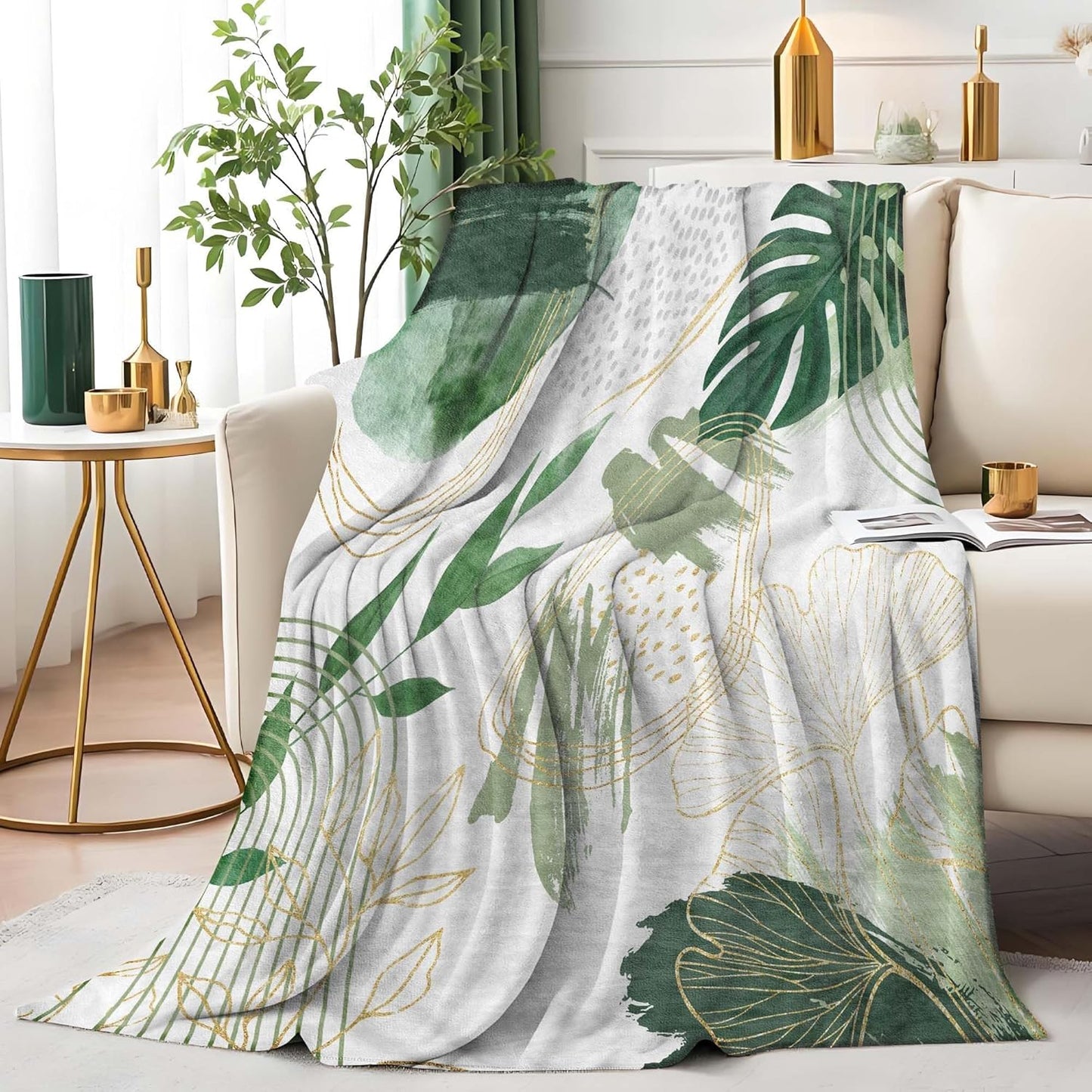 Sage Green Leaf Throw Blanket Mid-Century Green and Gold Boho Flannel Blankets for Couch Bed Living Room Sofa, Decorative Patterned Super Soft Cozy, 50x60 in