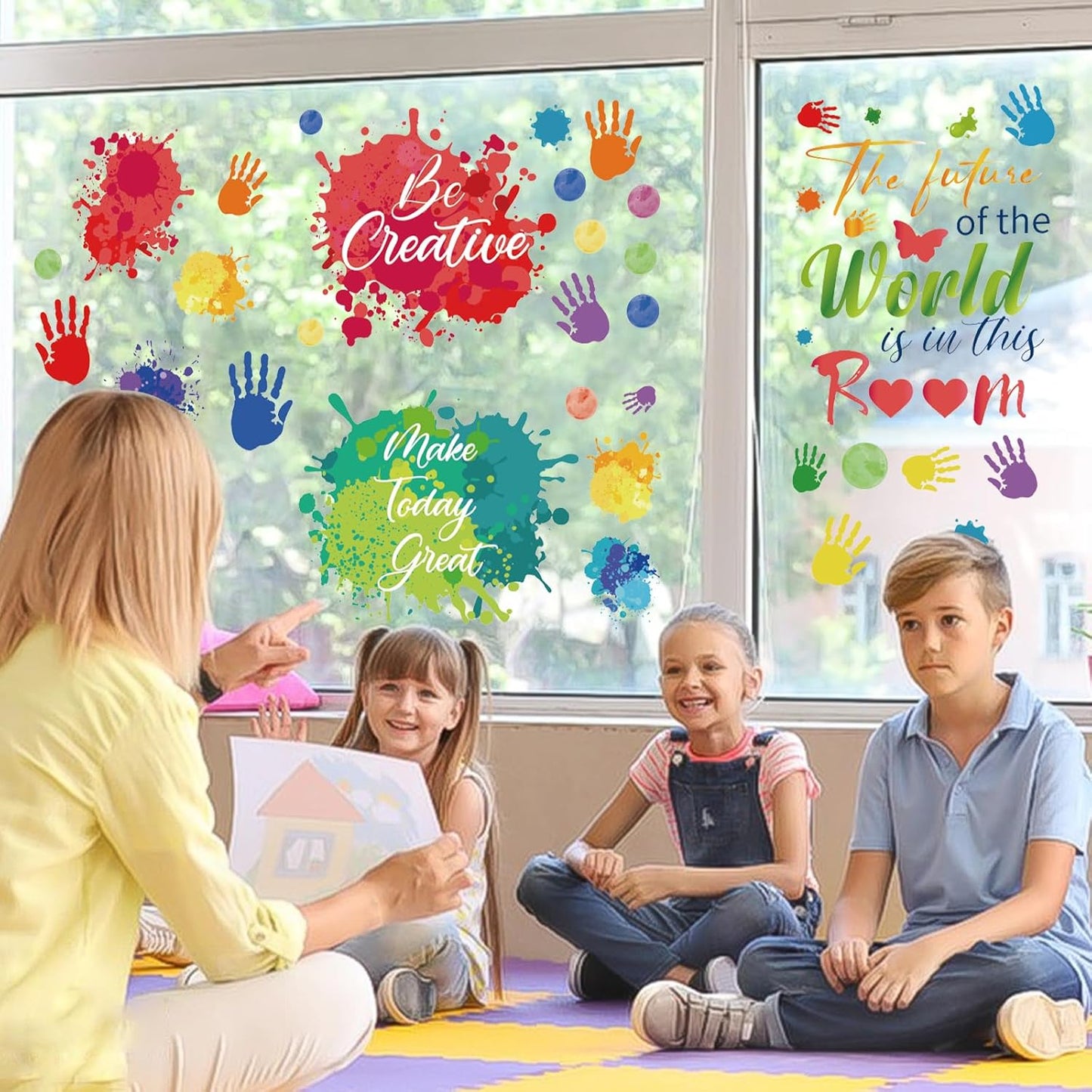 PLIGREAT 9 Sheets Colorful Inspirational Quotes Window Stickers, Watercolor Ink Handprints Window Clings Peel and Stick Windows Decals for Nursery Bedroom Classroom Sliding Glass Door Home Decor
