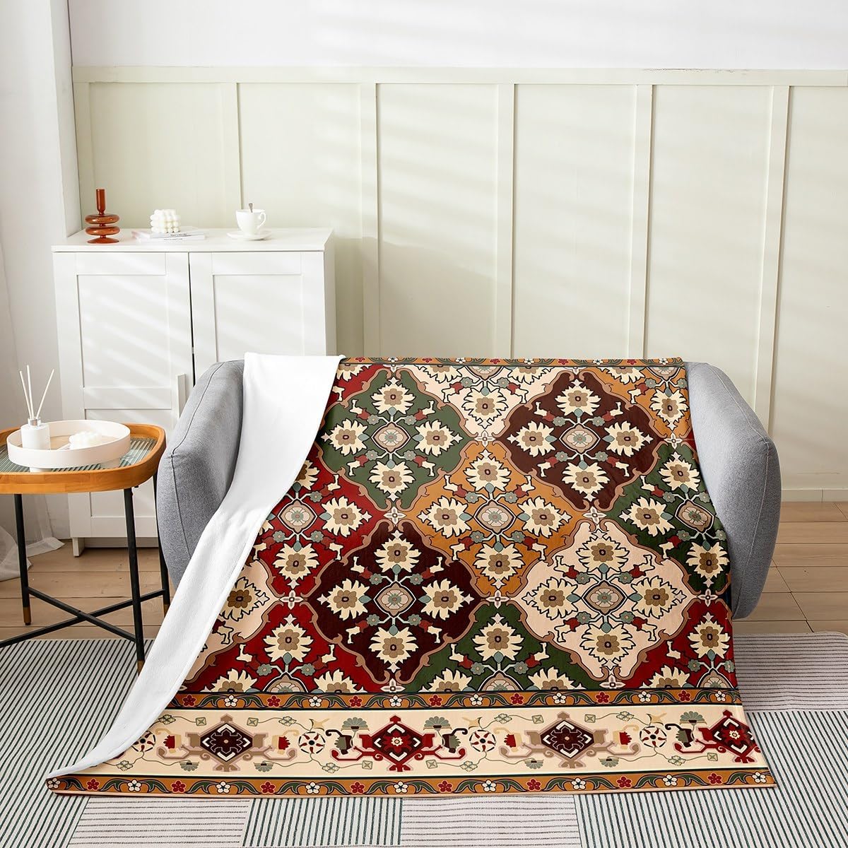 Erosebridal Boho Floral Blanket Throw 50x60 Inch, Retro Flower Grid Throw Blanket, Tribal Fashion Bohemian Tribal Lacy Fleece Blanket, Kids Vintage Antique Lattice Damask Paisley Flannel Blanket