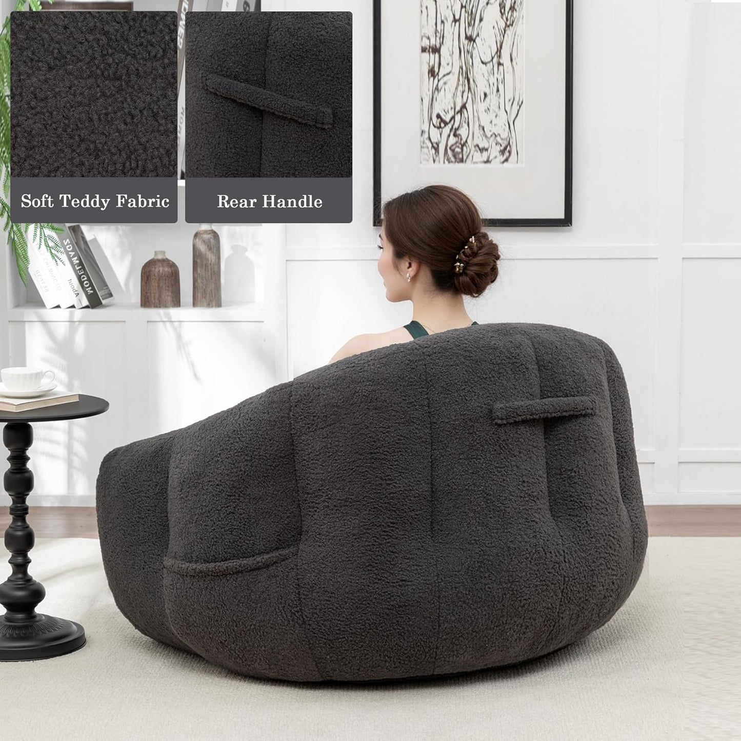 MINCETA Giant Bean Bag Chairs for Adults, Comfy Bean Bag Chair with Armrests, 35" D x 41.4" W, Dark Gray Beanbag Sofa for Living Room, Bedroom, Filler Included