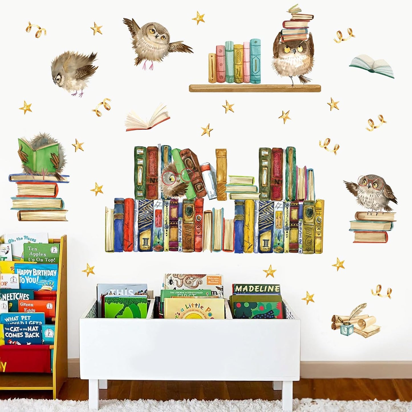 Reading Corner Wall Stickers,Owl Books Wall Stickers,Educational Window Clings,Library Reading Stickers,Cartoon Animal Wall Decal for Kids Baby Room School Bookstore Classroom Nursery Bedroom