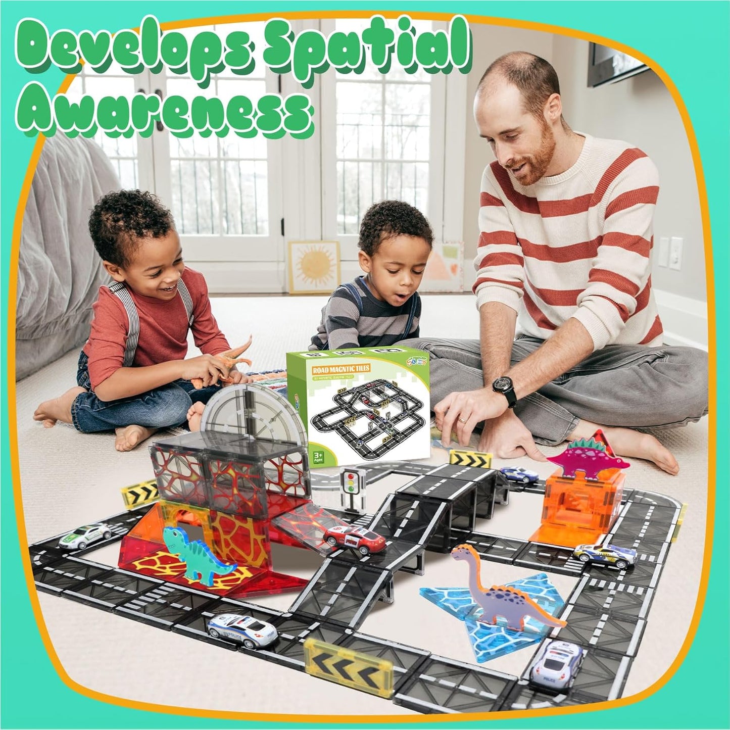 Magnetic Tiles Road Set with Pullback Car, Magnetic Blocks for Kids Ages 4-8, Magnet Tiles for Preschool STEM Building Toy, Autism Learning Sensory Montessori Toys Gift for Toddler Boys and Girls