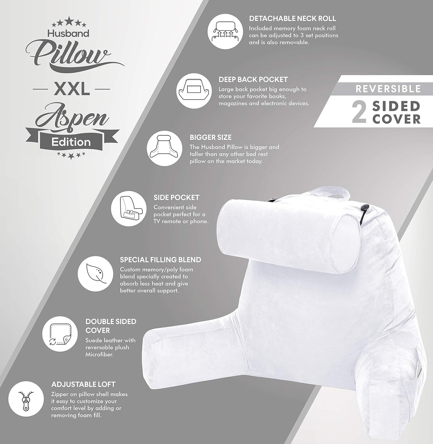 Husband Pillow XXL Aspen Edition - Adult Reading Bed Rest Pillow with Arms & Detach Neck Roll on Bungee Cord - Premium Memory Foam, Reversible 2 Sided Covers Micro Suede or Plush, White Dandelion