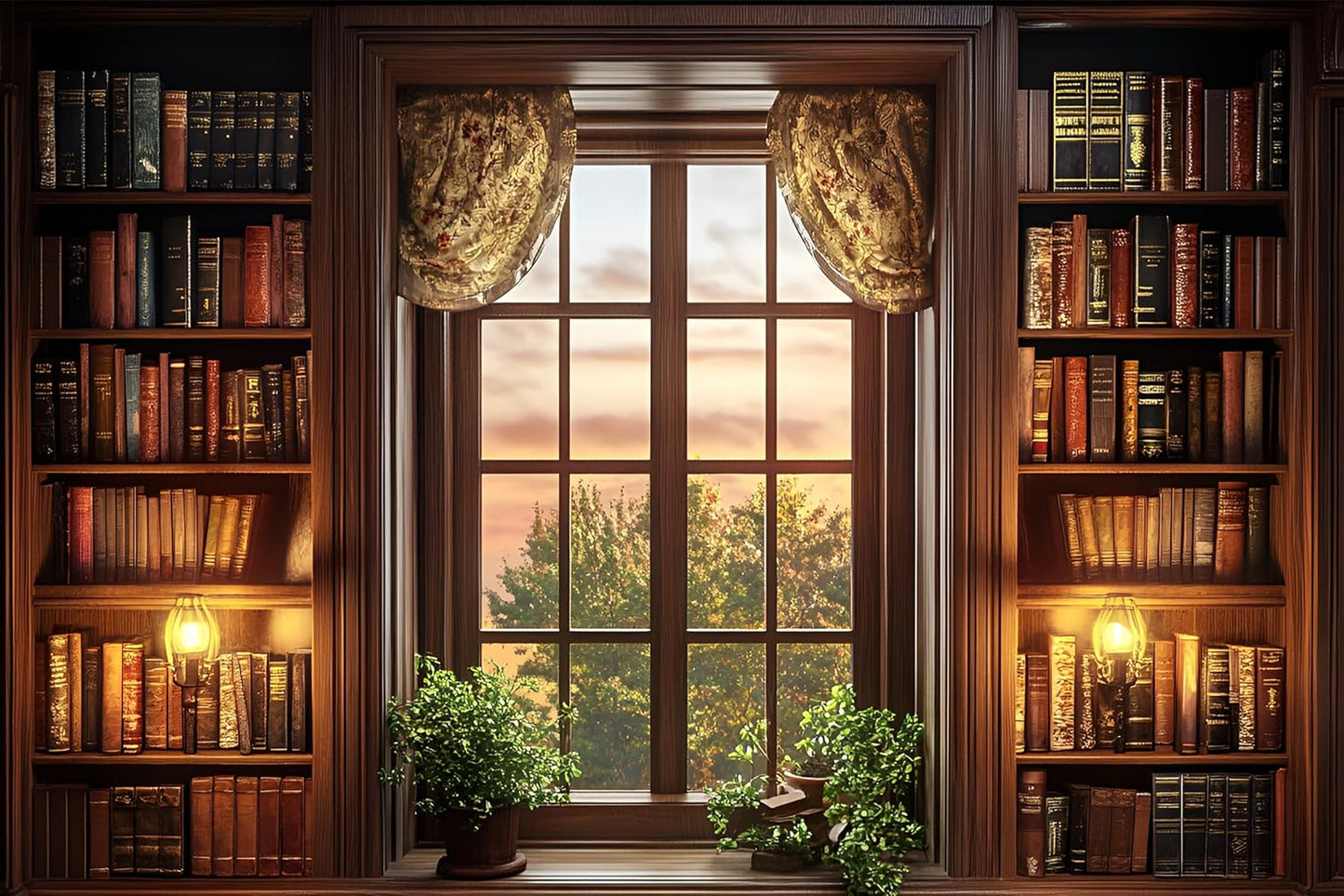 WOOHOOROO Curtain Bookshelf Window Wall Sticker – 3D Sunset View Fake Window Peel and Stick Removable Wall Mural for Home Decor,32" x 48"