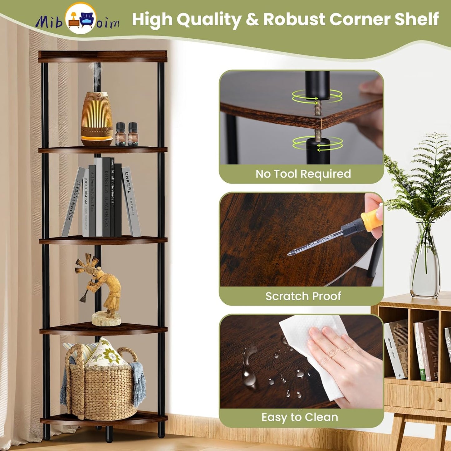5Tier Wood Corner Shelf Stand:Tall Corner Bookshelf Storage Organizer for Living Room/Bedroom/Bathroom/Kitchen/Home Office,Display Corner Shelves for Small Space,Rustic Brown Esquineros de Sala